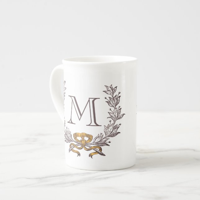 Vintage Wreath Personalised Monogram Initial Bone China Mug (Front Left)