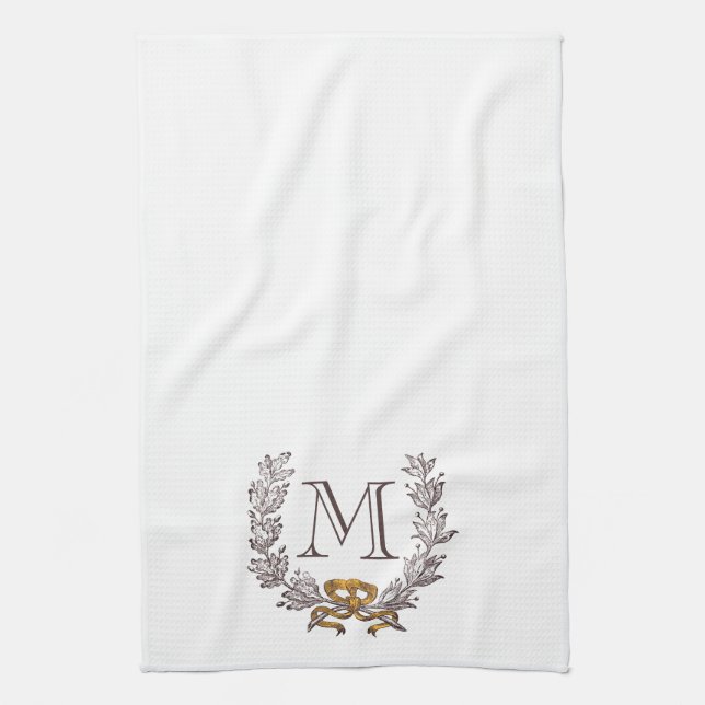 Vintage Wreath Personalised Monogram Initial Tea Towel (Vertical)