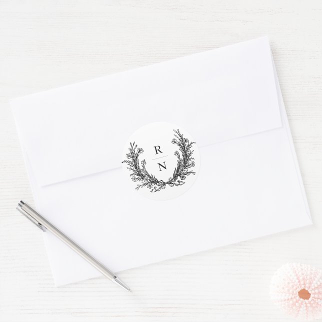 Vintage Wreath Wedding Initials Monogram Classic Round Sticker (Envelope)