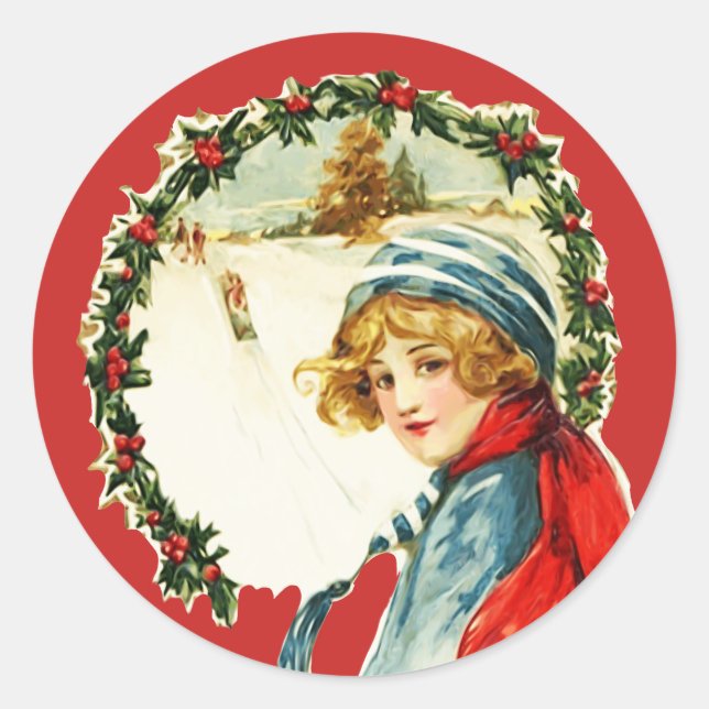 VINTAGE WREATH WITH BOY CHRISTMAS Sticker (Front)
