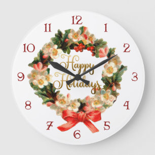 Vintage Wreath with Happy Holidays Script Large Clock