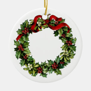 Vintage Wreath with Red Bow Holly Gift Collection Ceramic Tree Decoration