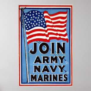 Vintage WW1 Poster ~ Join Army~ Navy~Marines