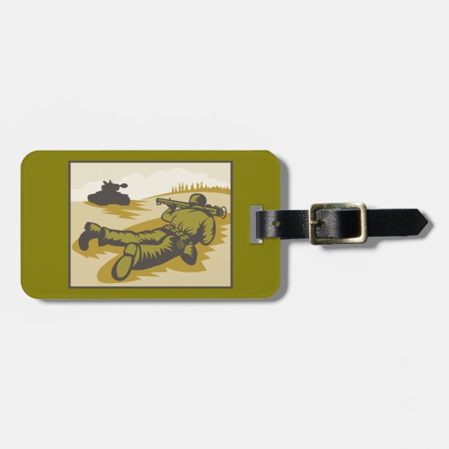 Vintage WW2 Bazooka Soldier and Tank Luggage Tag (Front Horizontal)