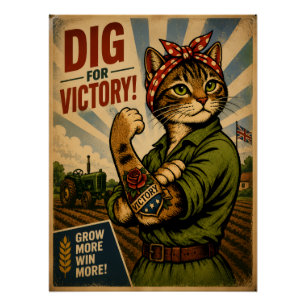 Vintage WW2 Land Girl Pop Art Cat Retro Poster