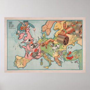 Vintage WWI Dogs of War Illustrative Map (1914) Poster