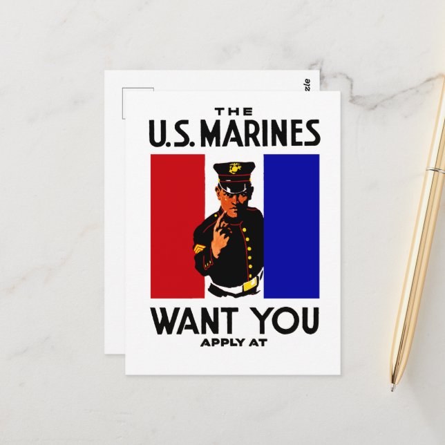Vintage WWI Marine Recruitment Poster Postcard (Front/Back In Situ)