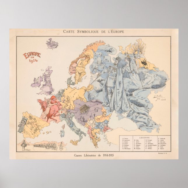 Vintage WWI Political Cartoon Map of Europe (1915) Poster (Front)