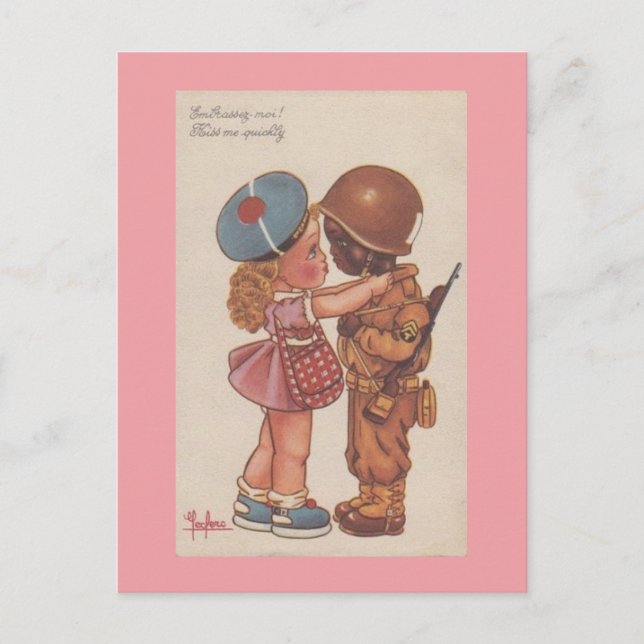 Vintage WWii Mixed Couple Kisses Valentine Postcard (Front)