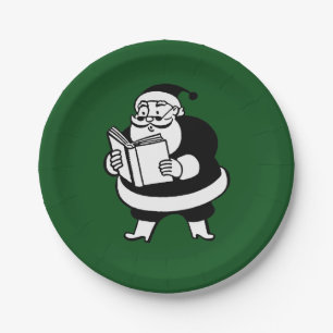 Vintage X-Mas Black & White Reading Santa on Green Paper Plate