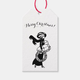 Vintage xmas elegant shopping girl black white gift tags