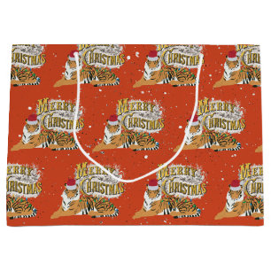 Vintage Xmas Tiger & Merry Christmas Large Gift Bag