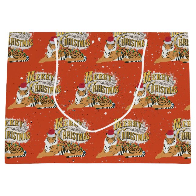 Vintage Xmas Tiger & Merry Christmas Large Gift Bag (Front)