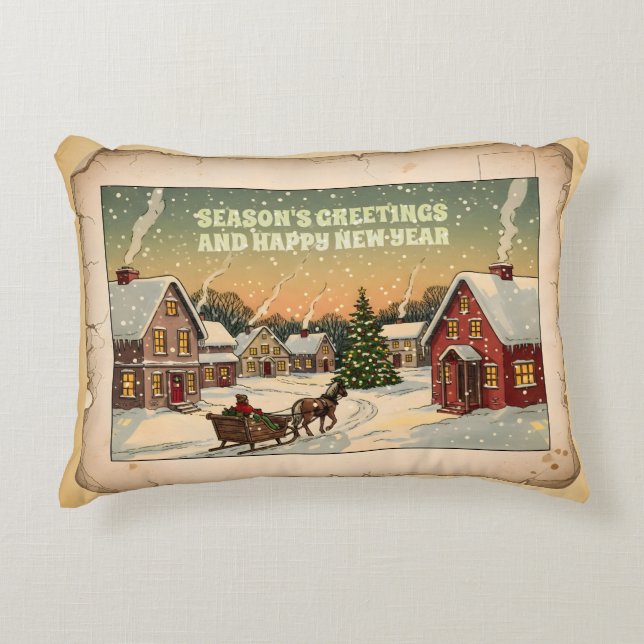Vintage Xmas Village “Season’s Greetings” Pillow  (Front)