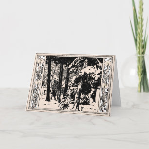 Vintage Xmas Visitors Snowy Woodsy Village Holiday Card