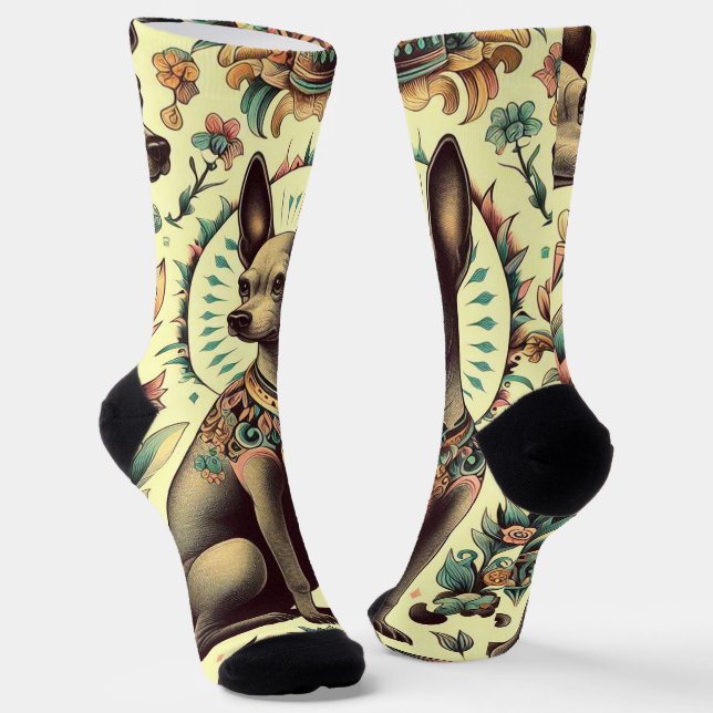 Vintage Xoloitzcuintle Seamless Socks (Angled)