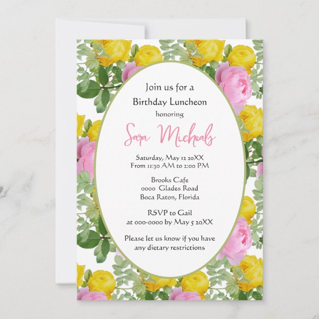 Vintage Yellow and Pink Roses Birthday Lunch  Invitation (Front)