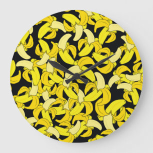 Vintage Yellow Bananas: Black Background Large Clock