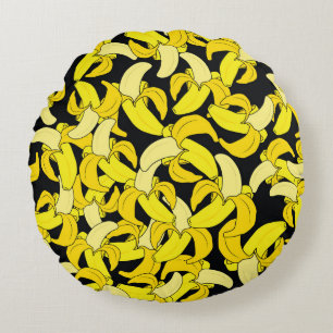 Vintage Yellow Bananas: Black Background Round Cushion