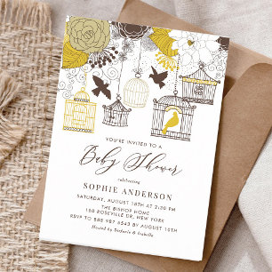 Vintage Yellow Birdcage Baby Shower Invitation