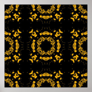 Vintage Yellow, Black Floral Damasks Retro Pattern Poster