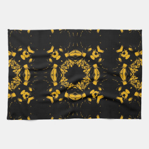 Vintage Yellow, Black Floral Damasks Retro Pattern Tea Towel