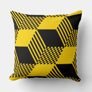 Vintage Yellow & Black Stripe Diamond Chequered Cushion