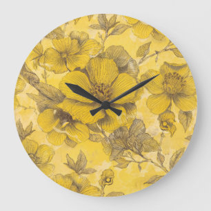 Vintage Yellow Botanical Floral Pattern Large Clock