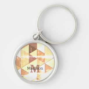Vintage yellow brown geometric pattern Monogram Key Ring