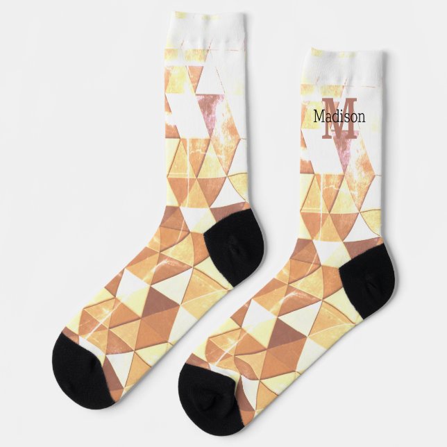 Vintage yellow brown geometric pattern Monogram Socks (Left)