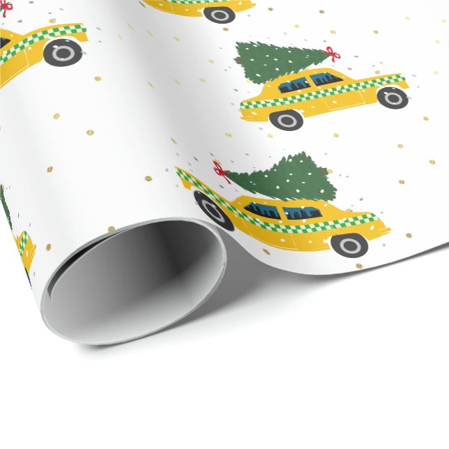 Vintage Yellow Cab Taxi Christmas Pattern Wrapping Paper (Roll Corner)