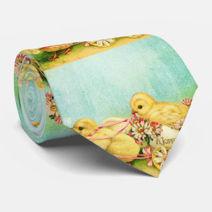Vintage Yellow Chick And Tulip Easter Greeting Tie