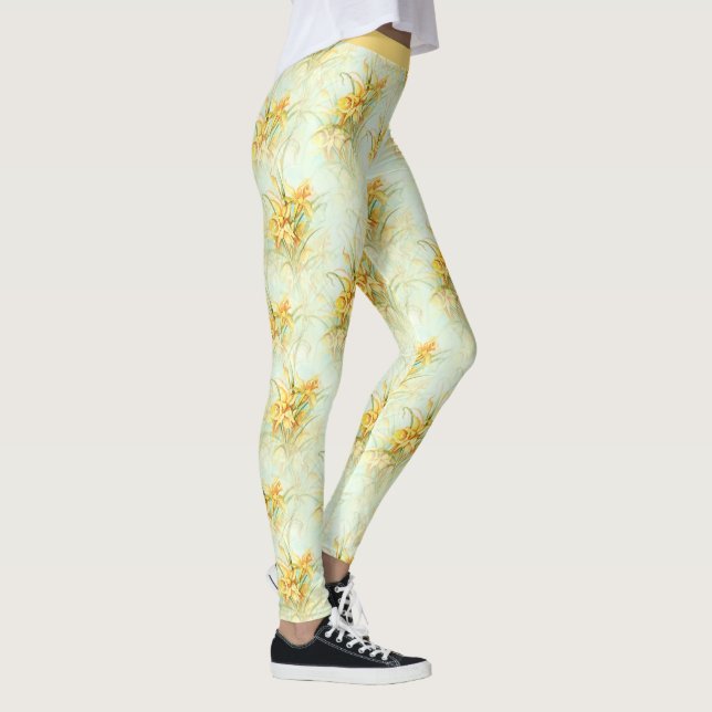 Vintage Yellow Daffodil Floral Flower Yoga Leggings (Right)