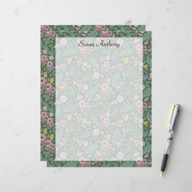 Vintage Yellow Dandelions Pink Pansy Faces Paper (Front/Back In Situ)