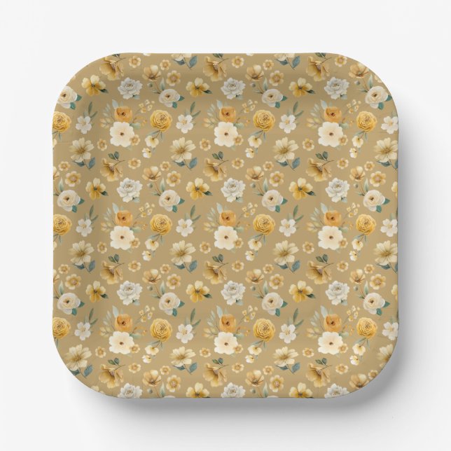 Vintage Yellow Floral Pattern Baby Shower Plate (Front)