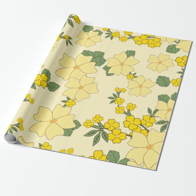 Vintage Yellow Floral Pattern Illustration Wrapping Paper (Unrolled)