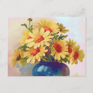 Vintage Yellow Flowers in Blue Vase Postcard