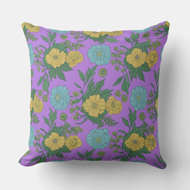 Vintage Yellow & Mint Botanical Design Cushion (Front)