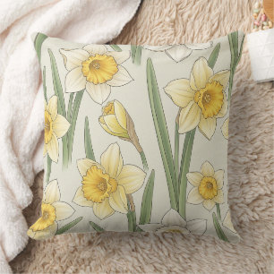 Vintage Yellow Narcissus Flowers on Ivory Cushion