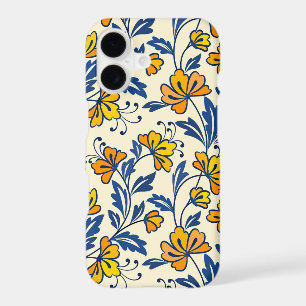 Vintage Yellow Orange Folk Floral Blue Leaf