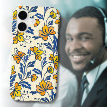 Vintage Yellow Orange Folk Floral Blue Leaf