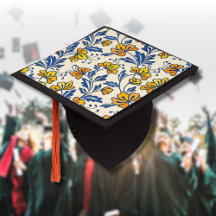 Vintage Yellow Orange Folk Floral Blue Leaf