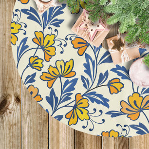Vintage Yellow Orange Folk Floral Blue Leaf Brushed Polyester Tree Skirt