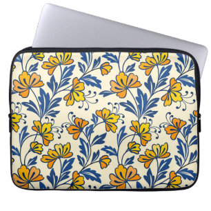 Vintage Yellow Orange Folk Floral Blue Leaf Laptop Sleeve