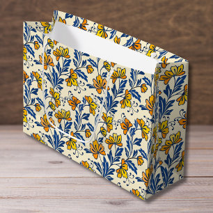 Vintage Yellow Orange Folk Floral Blue Leaf Large Gift Bag