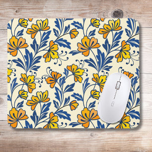 Vintage Yellow Orange Folk Floral Blue Leaf Mouse Pad