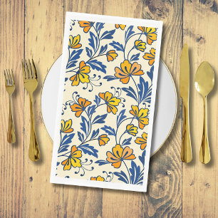 Vintage Yellow Orange Folk Floral Blue Leaf Napkin