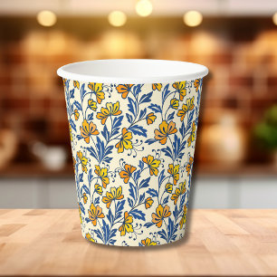 Vintage Yellow Orange Folk Floral Blue Leaf Paper Cups