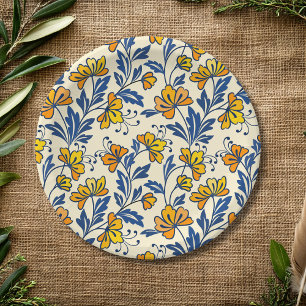 Vintage Yellow Orange Folk Floral Blue Leaf Paper Plate