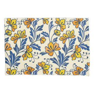 Vintage Yellow Orange Folk Floral Blue Leaf Pillowcase